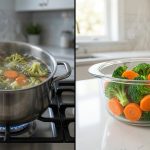 A photorealistic side-by-side comparison in a modern kitchen shows two vegetable preparation methods. On the left, limp, pale green broccoli and dull orange carrots are overcooking in a vigorously boiling pot. On the right, vibrant emerald green broccoli and brilliant orange carrots are perfectly steamed in a clear glass bowl, looking fresh and appetizing.