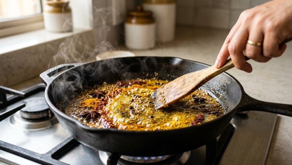 A close-up, photorealistic shot of vibrant dry spices actively blooming and sizzling in hot golden oil in a dark frying pan. A blurred hand gently stirs with a wooden spoon as aromatic steam rises in a warm, inviting kitchen setting.