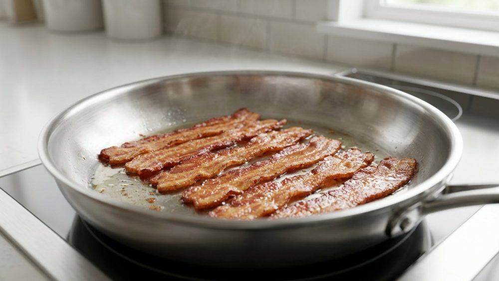 A close-up shows perfectly cooked, golden-brown crispy bacon with glistening rendered fat in a stainless steel or cast iron frying pan, on a clean kitchen stovetop under soft natural light.
