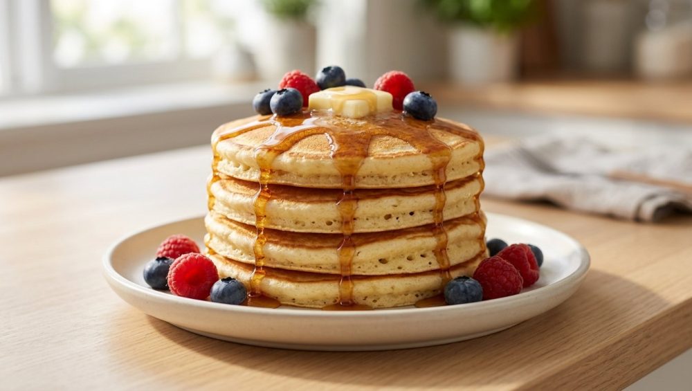 A photorealistic image of a tall stack of golden-brown, fluffy pancakes, topped with melting butter, drizzled with thick maple syrup, and garnished with fresh blueberries and raspberries, all bathed in warm morning light.