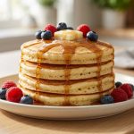 A photorealistic image of a tall stack of golden-brown, fluffy pancakes, topped with melting butter, drizzled with thick maple syrup, and garnished with fresh blueberries and raspberries, all bathed in warm morning light.
