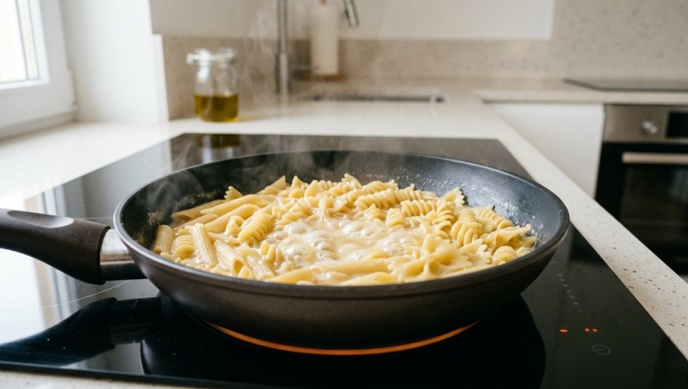 Close-up of mixed dried pasta simmering in a shallow non-stick skillet on a modern induction stovetop. A thick, glossy starchy liquid surrounds the pasta, with gentle steam rising. The background features a bright, minimalist kitchen countertop.