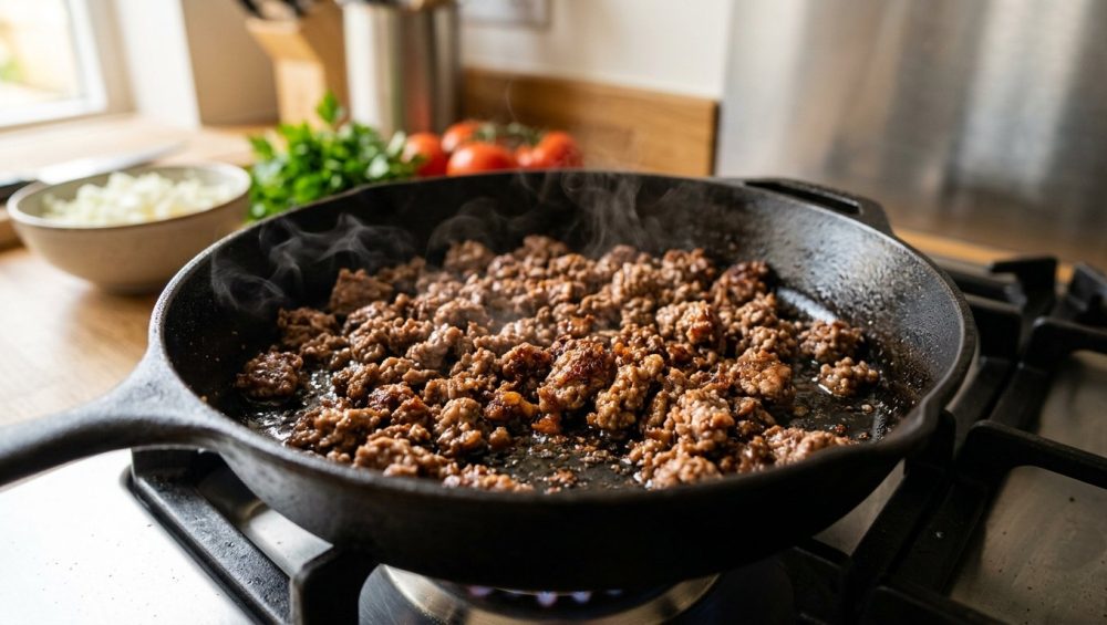 A photorealistic close-up shows perfectly browned ground beef searing in a heavy cast iron skillet. Distinct, crispy caramel-brown pieces of meat emit subtle wisps of steam, set against a softly blurred modern kitchen background with hints of fresh ingredients.
