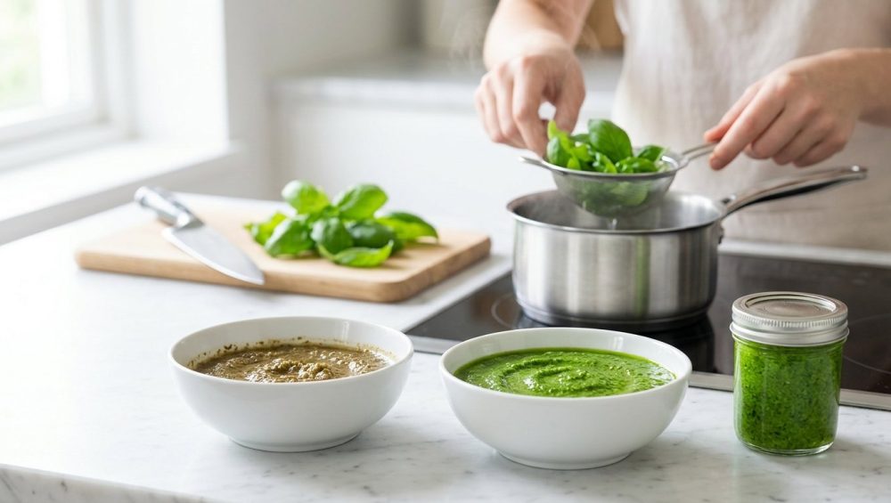 A photorealistic image showcasing the science of preventing pesto oxidation. On a light countertop, two ceramic bowls of pesto are displayed: one unappetizingly murky brown-green and dull, the other a vibrant, luminous emerald green. A sealed glass jar of the bright green pesto sits beside it. In the mid-ground, hands blanch fresh basil leaves in a steaming stainless steel pot of boiling water. More fresh basil is blurred on a cutting board in the background. Soft natural light illuminates the clean, modern kitchen scene, emphasizing freshness and precision.