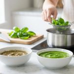 A photorealistic image showcasing the science of preventing pesto oxidation. On a light countertop, two ceramic bowls of pesto are displayed: one unappetizingly murky brown-green and dull, the other a vibrant, luminous emerald green. A sealed glass jar of the bright green pesto sits beside it. In the mid-ground, hands blanch fresh basil leaves in a steaming stainless steel pot of boiling water. More fresh basil is blurred on a cutting board in the background. Soft natural light illuminates the clean, modern kitchen scene, emphasizing freshness and precision.