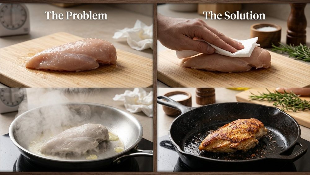 A photorealistic diptych demonstrating the critical difference surface moisture makes in pan-searing. The left panel shows a raw chicken breast with visible water droplets steaming heavily in a moderately hot pan, resulting in pale, grey, unappetizing meat with no crust. The right panel shows a hand patting a chicken breast completely dry, then searing it intensely in a very hot pan to achieve a gorgeous, restaurant-quality golden-brown crust.