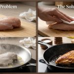 A photorealistic diptych demonstrating the critical difference surface moisture makes in pan-searing. The left panel shows a raw chicken breast with visible water droplets steaming heavily in a moderately hot pan, resulting in pale, grey, unappetizing meat with no crust. The right panel shows a hand patting a chicken breast completely dry, then searing it intensely in a very hot pan to achieve a gorgeous, restaurant-quality golden-brown crust.