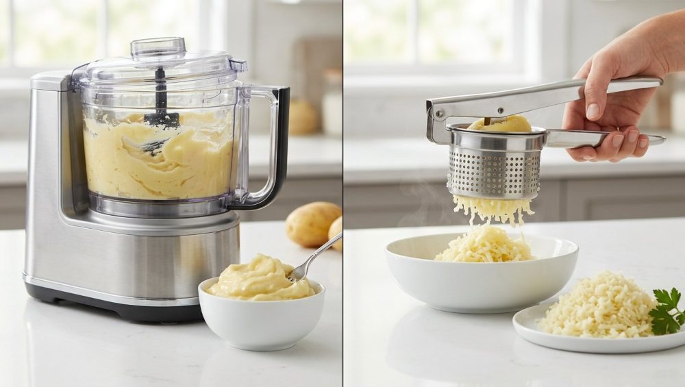 A photorealistic split-screen image comparing mashed potato textures. On the left, a food processor and a sample of dense, gummy mashed potatoes. On the right, a potato ricer producing light, fluffy mashed potatoes, demonstrating the impact of preparation method on texture.