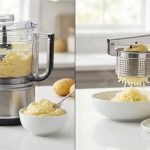 A photorealistic split-screen image comparing mashed potato textures. On the left, a food processor and a sample of dense, gummy mashed potatoes. On the right, a potato ricer producing light, fluffy mashed potatoes, demonstrating the impact of preparation method on texture.