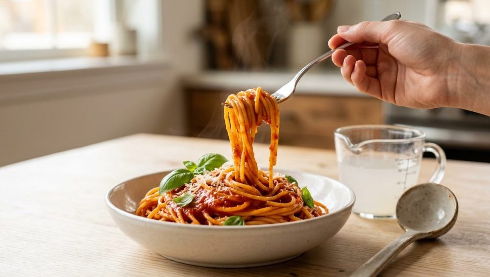 A close-up, photorealistic image of a perfectly plated bowl of spaghetti, its vibrant, glossy red sauce beautifully clinging to every strand. The dish is garnished with fresh basil and grated Parmesan. A hand gently twirls a fork into the pasta, lifting a few coated strands, while a small cup of starchy pasta water sits nearby on a clean, blurred surface.