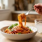 A close-up, photorealistic image of a perfectly plated bowl of spaghetti, its vibrant, glossy red sauce beautifully clinging to every strand. The dish is garnished with fresh basil and grated Parmesan. A hand gently twirls a fork into the pasta, lifting a few coated strands, while a small cup of starchy pasta water sits nearby on a clean, blurred surface.