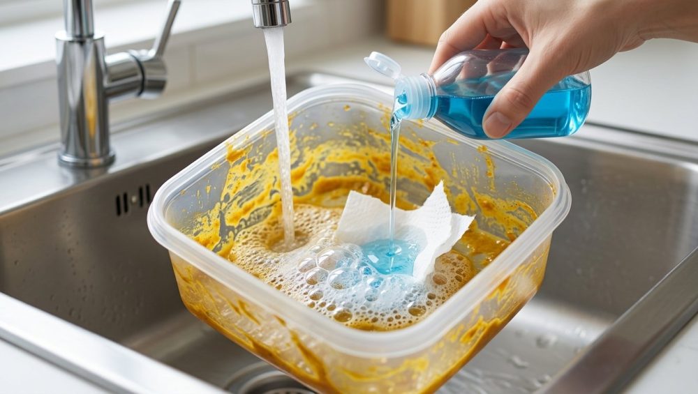 A clean hand pours blue dish soap into a clear plastic food container stained with yellow-orange oil residue. The container sits in a modern stainless steel sink with warm water and a torn paper towel, showing the start of a cleaning process.