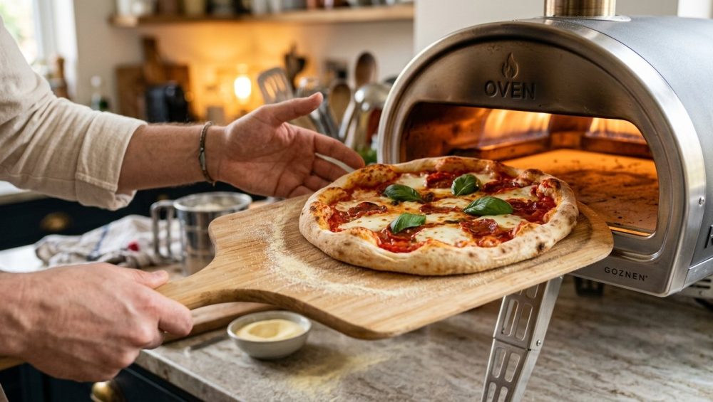 A casual home cook confidently slides a vibrant, artisanal homemade pizza, dusted with semolina flour, off a smooth wooden peel and into the glowing opening of a modern home pizza oven. The perfectly shaped dough showcases bright red sauce, creamy melted mozzarella, and fragrant green basil, all illuminated by warm, natural light.