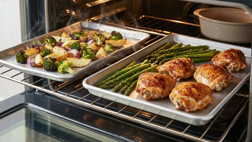 Inside a modern oven, two baking sheets illustrate a comparison: a thin, warped pan holds unevenly roasted vegetables with burnt and pale spots, while a thick, heavy-gauge pan displays perfectly and evenly cooked gourmet ingredients.