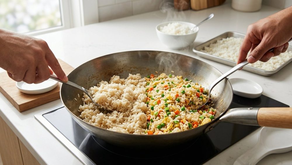 A photorealistic high-angle view of a gleaming carbon steel wok on a modern stovetop. It's visually divided: the left side contains unappealing, clumpy fried rice, with a hand struggling to stir it; the right side showcases vibrant, fluffy, perfectly separated fried rice, easily stirred by a hand. In the blurred background, a bowl of steaming hot rice contrasts with a tray of cooled, spread-out rice, illustrating correct preparation.