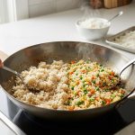 A photorealistic high-angle view of a gleaming carbon steel wok on a modern stovetop. It's visually divided: the left side contains unappealing, clumpy fried rice, with a hand struggling to stir it; the right side showcases vibrant, fluffy, perfectly separated fried rice, easily stirred by a hand. In the blurred background, a bowl of steaming hot rice contrasts with a tray of cooled, spread-out rice, illustrating correct preparation.