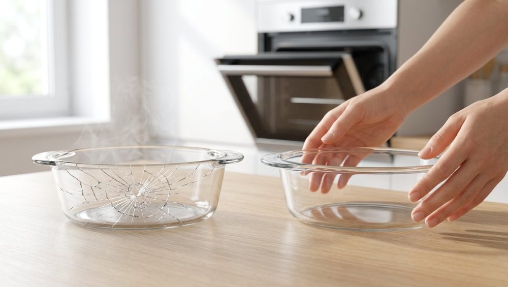 Two glass baking dishes sit side-by-side on a modern kitchen counter. The dish on the left is heavily fractured with a prominent spiderweb crack pattern and subtle wisps of steam, suggesting thermal shock. In sharp contrast, the borosilicate glass dish on the right is pristine and intact. A pair of hands gently reaches towards the undamaged borosilicate dish, with a stainless steel oven slightly ajar in the soft-focus background.