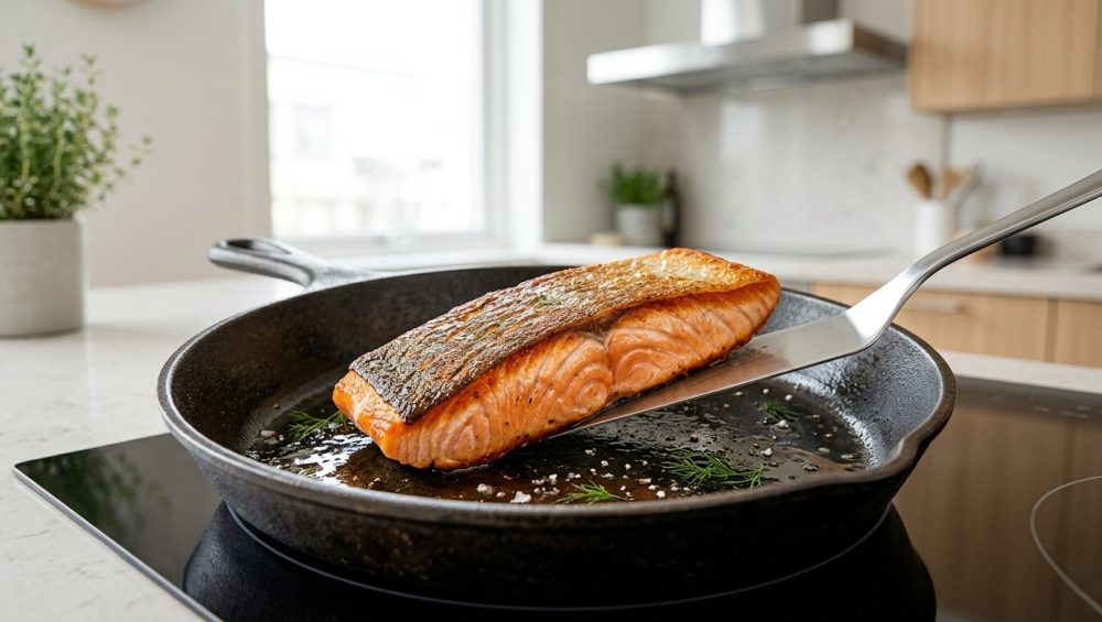 A perfectly seared, skin-on salmon fillet with crispy golden-brown skin and flaky flesh rests in a clean cast iron skillet. A metal spatula is gently positioned underneath, indicating effortless release. The scene is a bright, modern kitchen with a softly blurred background.