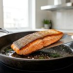 A perfectly seared, skin-on salmon fillet with crispy golden-brown skin and flaky flesh rests in a clean cast iron skillet. A metal spatula is gently positioned underneath, indicating effortless release. The scene is a bright, modern kitchen with a softly blurred background.