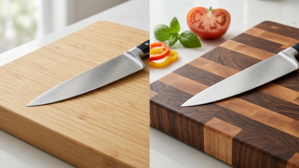 A photorealistic close-up shows a visual comparison of cutting board materials. On the left, a chef's knife blade resting on a light bamboo board appears subtly worn and dull. On the right, the same blade on a rich end-grain wood board is impeccably sharp and gleaming. The scene is set on a clean kitchen counter with a blurred background of fresh ingredients.