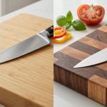 A photorealistic close-up shows a visual comparison of cutting board materials. On the left, a chef's knife blade resting on a light bamboo board appears subtly worn and dull. On the right, the same blade on a rich end-grain wood board is impeccably sharp and gleaming. The scene is set on a clean kitchen counter with a blurred background of fresh ingredients.