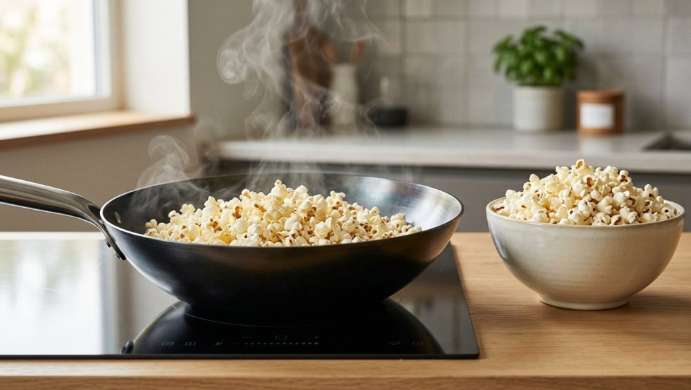 A photorealistic close-up of perfectly popped, fluffy popcorn in a sleek, dark carbon steel wok on a modern stovetop, with subtle steam rising. Next to it, a bowl of the same pristine popcorn rests on a light counter. The minimalist scene features soft light, sharp focus on the golden-white popcorn and dark wok, and a blurred, stylish kitchen background.