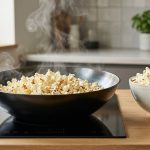 A photorealistic close-up of perfectly popped, fluffy popcorn in a sleek, dark carbon steel wok on a modern stovetop, with subtle steam rising. Next to it, a bowl of the same pristine popcorn rests on a light counter. The minimalist scene features soft light, sharp focus on the golden-white popcorn and dark wok, and a blurred, stylish kitchen background.