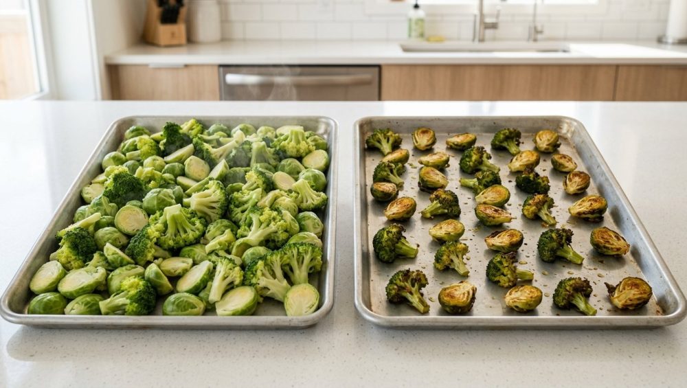 A top-down shot of two identical bare aluminum baking sheets on a light kitchen countertop. On the left, a sheet is overcrowded with pale green, unappetizing, soggy broccoli florets and halved Brussels sprouts, with a hint of steam. In stark contrast, the sheet on the right displays the same vegetables meticulously spaced, beautifully golden brown, deeply caramelized, and crispy, exuding a delicious, roasted quality. Bright, natural lighting highlights the dramatic textural and color differences.