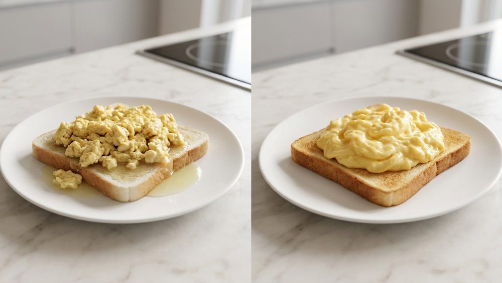 A side-by-side comparison of two plates of scrambled eggs on a clean kitchen counter. On the left, overcooked, rubbery eggs sit in a visible puddle of watery liquid, making the toast soggy. On the right, perfectly creamy, moist eggs show no expelled liquid, served on crisp toast.