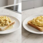 A side-by-side comparison of two plates of scrambled eggs on a clean kitchen counter. On the left, overcooked, rubbery eggs sit in a visible puddle of watery liquid, making the toast soggy. On the right, perfectly creamy, moist eggs show no expelled liquid, served on crisp toast.