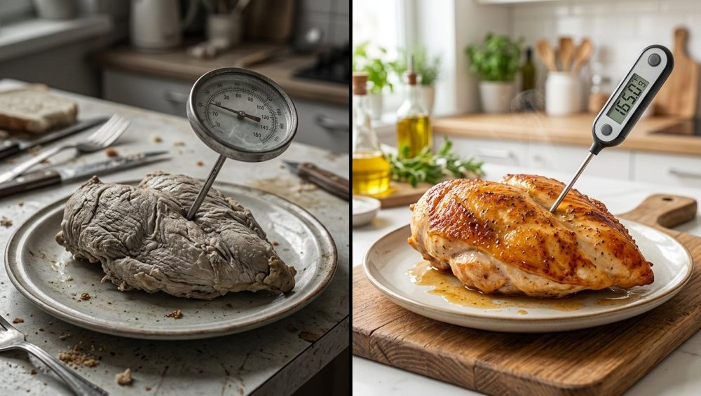 A photorealistic diptych dramatically contrasting culinary failure and success. On the left, a visibly overcooked, shriveled piece of meat (chicken or steak) with a cheap, foggy analog dial thermometer awkwardly inserted into it. This scene is dim, desaturated, and cluttered, conveying disappointment. On the right, a vibrant, perfectly cooked, juicy medium-rare steak or golden-brown chicken breast with faint steam rising. A sleek, modern digital thermometer with a clear display is precisely inserted, indicating an ideal temperature. This side is brightly lit, rich in color, and features a clean, organized kitchen counter, suggesting mastery.
