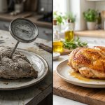 A photorealistic diptych dramatically contrasting culinary failure and success. On the left, a visibly overcooked, shriveled piece of meat (chicken or steak) with a cheap, foggy analog dial thermometer awkwardly inserted into it. This scene is dim, desaturated, and cluttered, conveying disappointment. On the right, a vibrant, perfectly cooked, juicy medium-rare steak or golden-brown chicken breast with faint steam rising. A sleek, modern digital thermometer with a clear display is precisely inserted, indicating an ideal temperature. This side is brightly lit, rich in color, and features a clean, organized kitchen counter, suggesting mastery.