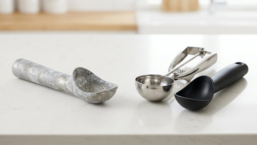 A photorealistic image on a clean kitchen counter showcases three ice cream scoops, contrasting damaged and durable tools. On the left, a dull, corroded aluminum scoop is visibly mottled with chalky gray residue. To the right, two pristine alternatives gleam: one polished stainless steel, the other a sleek black non-stick design.