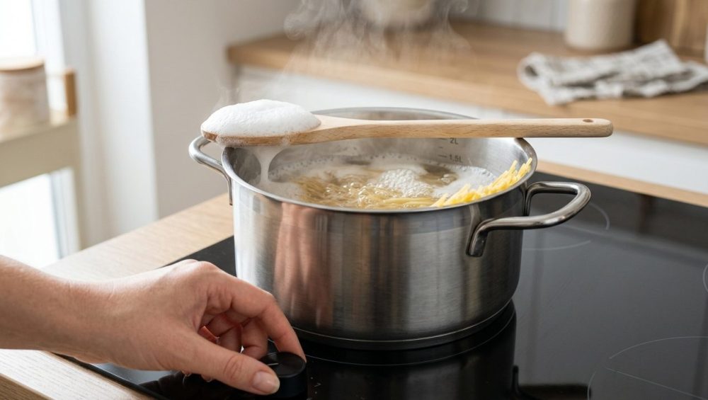 A hyper-realistic close-up of a stainless steel pot of pasta boiling vigorously on a spotless induction stovetop. Dense white foam rises rapidly, nearly overflowing, but is effectively contained below a light-colored wooden spoon balanced across the pot's rim. A hand gently turns a sleek control knob, managing the heat. Gentle steam rises, illuminated by bright natural light, with a blurred, minimalist kitchen in the background.