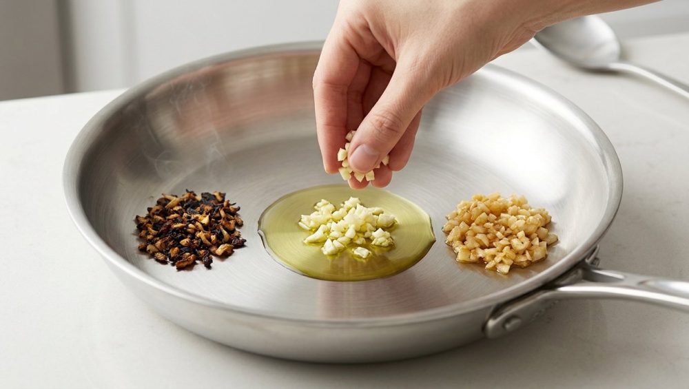 A top-down, close-up, photorealistic image of a pristine, brushed stainless steel skillet on a brightly lit, light kitchen counter. Inside the skillet, three distinct piles of minced garlic illustrate different cooking stages: On one side, a small pile of scorched, dark brown to black, shriveled garlic. In the center, a human hand gently drops bright white, fresh minced garlic into a shimmering pool of clear olive oil. On the opposite side, a pile of perfectly cooked, translucent golden-brown minced garlic. The background is a subtly blurred modern kitchen.