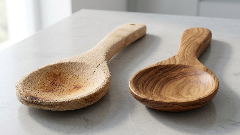 A photorealistic studio still life shows two wooden cooking spoons side-by-side on a clean counter. On the left, a worn, light-colored wooden spoon with an open grain is fuzzy, splintered, warped, and cracked, with deep, dark food stains absorbed into its coarse surface. In stark contrast, a pristine, premium spoon on the right, made from rich, dark, closed-grain wood (like olive wood), features an exceptionally smooth, polished, and unstained surface with a subtle sheen, highlighting its tight grain and perfect form. Both rest on a softly blurred, minimalist counter under bright natural light, emphasizing the stark visual contrast between worn utility and premium craftsmanship.