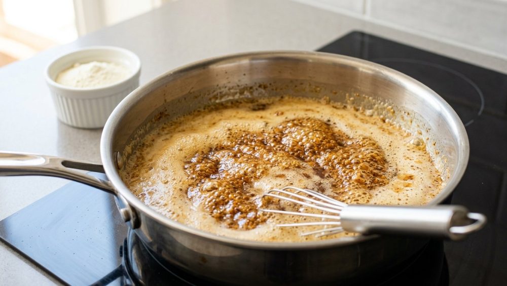 A close-up of deeply browned butter in a gleaming stainless steel saucepan, bubbling with golden-amber liquid and abundant, dark, intensely caramelized milk solids. A whisk rests on the pan's edge, with dry milk in the soft, golden-lit background.