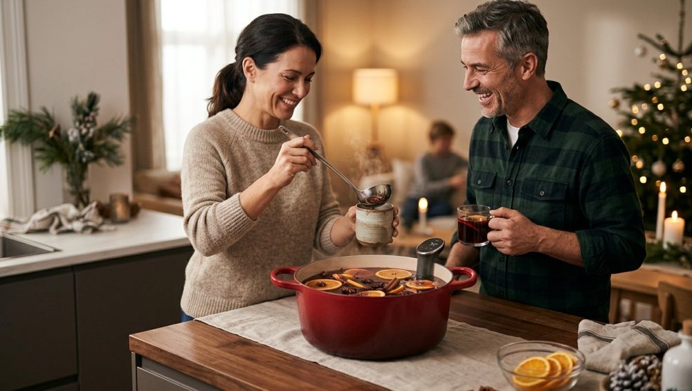 A photorealistic image of an intimate winter gathering in a warm, inviting home kitchen. A host with a relaxed smile ladles ruby-red mulled wine, gently simmering with visible orange slices and star anise, from a modern pot on a wooden counter into a mug. Another guest holds a warm mug, smiling and engaged in comfortable conversation. The scene conveys genuine connection and effortless hospitality with soft, warm lighting and a subtly blurred, cozy background.