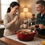 A photorealistic image of an intimate winter gathering in a warm, inviting home kitchen. A host with a relaxed smile ladles ruby-red mulled wine, gently simmering with visible orange slices and star anise, from a modern pot on a wooden counter into a mug. Another guest holds a warm mug, smiling and engaged in comfortable conversation. The scene conveys genuine connection and effortless hospitality with soft, warm lighting and a subtly blurred, cozy background.