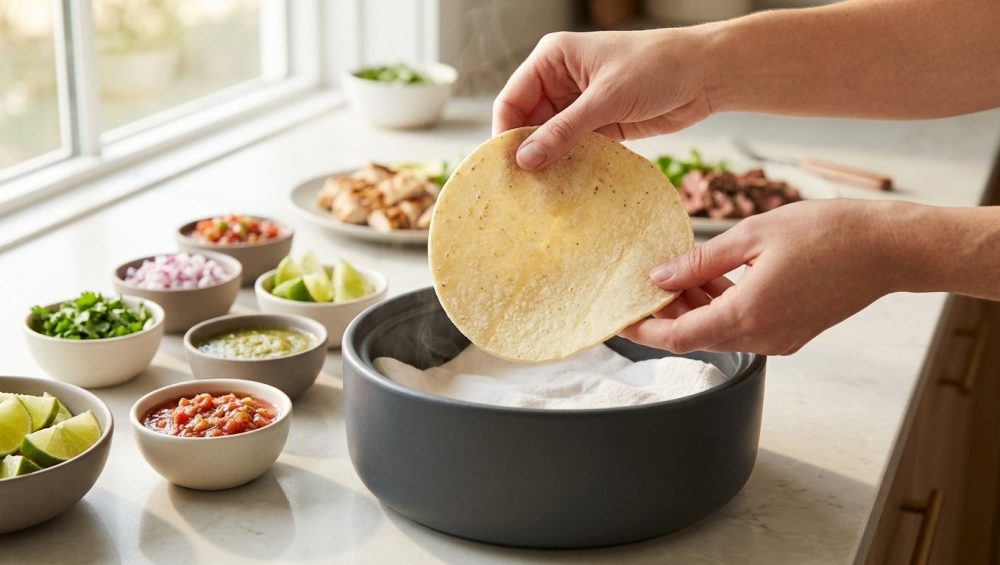 A close-up, photorealistic shot of hands gently lifting a warm, pliable corn tortilla from a sleek ceramic warmer. The tortilla glows with warmth, showing fine corn texture and a subtle hint of steam. In the softly blurred background, a vibrant DIY taco bar features colorful bowls of fresh cilantro, red onion, salsa, and lime wedges. The scene is bathed in warm natural light, creating an inviting and sophisticated culinary atmosphere.