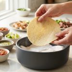 A close-up, photorealistic shot of hands gently lifting a warm, pliable corn tortilla from a sleek ceramic warmer. The tortilla glows with warmth, showing fine corn texture and a subtle hint of steam. In the softly blurred background, a vibrant DIY taco bar features colorful bowls of fresh cilantro, red onion, salsa, and lime wedges. The scene is bathed in warm natural light, creating an inviting and sophisticated culinary atmosphere.
