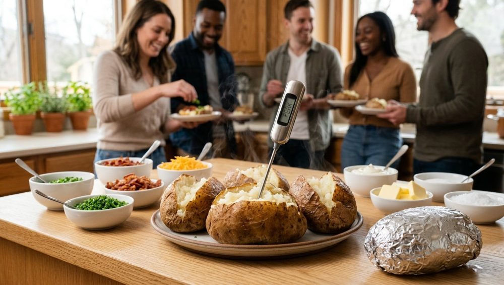 A vibrant, photorealistic image shows a gourmet baked potato bar. Fluffy, steamy russet potatoes, perfectly baked with crispy skins, are split open on a light countertop, one featuring a precision thermometer. A subtle contrast is provided by a slightly deflated, foil-wrapped potato. Around them are bowls of colorful toppings like chives, bacon, and cheddar. In the soft-focus background, smiling friends gather, creating a warm, inviting home party atmosphere.