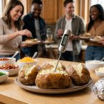 A vibrant, photorealistic image shows a gourmet baked potato bar. Fluffy, steamy russet potatoes, perfectly baked with crispy skins, are split open on a light countertop, one featuring a precision thermometer. A subtle contrast is provided by a slightly deflated, foil-wrapped potato. Around them are bowls of colorful toppings like chives, bacon, and cheddar. In the soft-focus background, smiling friends gather, creating a warm, inviting home party atmosphere.