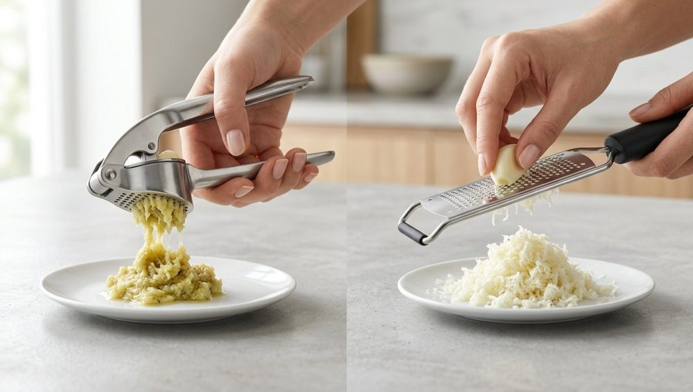 A pristine, ultra-photorealistic studio still life contrasts two methods of preparing garlic. On the left, a hand firmly presses a clove through a heavy-duty garlic press, yielding a wet, clumpy, yellowish paste. On the right, another hand delicately grates a clove with a sleek micro-grater, producing a bright white, fluffy, snow-like mound. Both preparations sit on clean plates on a minimalist, light-toned counter under bright, diffused light, highlighting the stark difference in texture.