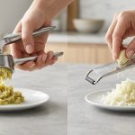 A pristine, ultra-photorealistic studio still life contrasts two methods of preparing garlic. On the left, a hand firmly presses a clove through a heavy-duty garlic press, yielding a wet, clumpy, yellowish paste. On the right, another hand delicately grates a clove with a sleek micro-grater, producing a bright white, fluffy, snow-like mound. Both preparations sit on clean plates on a minimalist, light-toned counter under bright, diffused light, highlighting the stark difference in texture.