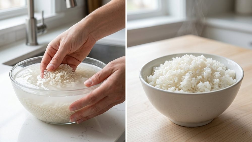 A photorealistic still life showing the culinary transformation of rice. One part features hands gently washing white rice in a bowl of milky, cloudy water. The other part displays a bowl of perfectly cooked, fluffy white rice with distinct, glistening grains and a wisp of steam. The overall aesthetic is clean, bright, and minimalist.