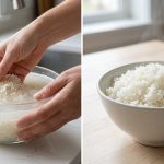 A photorealistic still life showing the culinary transformation of rice. One part features hands gently washing white rice in a bowl of milky, cloudy water. The other part displays a bowl of perfectly cooked, fluffy white rice with distinct, glistening grains and a wisp of steam. The overall aesthetic is clean, bright, and minimalist.