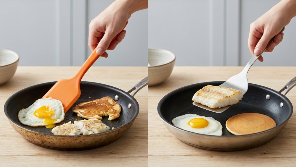 A hyper-realistic studio photo showing two kitchen scenes on a light counter. On the left, a thick red plastic spatula is next to a pan with a ruptured egg, torn pancake, and mangled fish. On the right, a sleek, thin stainless steel fish turner is beside a pan with a perfectly intact egg, smooth pancake, and undamaged fish, illustrating the tools' impact on delicate food.
