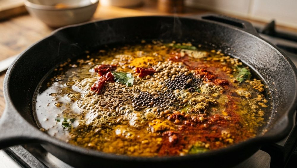 A photorealistic close-up of vibrant whole and ground spices, like turmeric and cumin, gently sizzling and blooming in shimmering golden oil in a pan, with small bubbles visible.