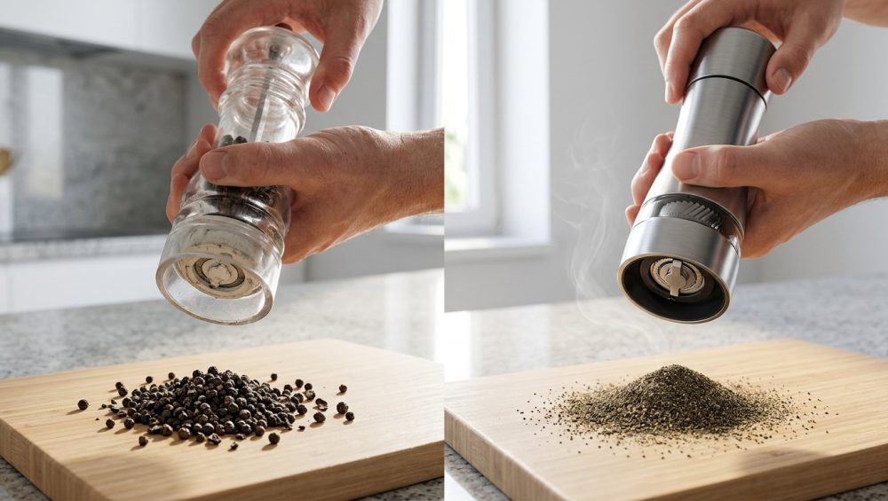 A photorealistic split-composition image contrasting two pepper grinding scenes in a modern kitchen. On the left, a strained hand uses a worn plastic mill to produce coarse, uneven pepper. On the right, a relaxed hand grinds fine, uniform, aromatic pepper from a sleek metal mill.